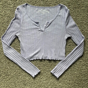 Aeropostale Shrunken Tee Sz L Lavender Purple Long Sleeve V-Neck Crop Top Ribbed